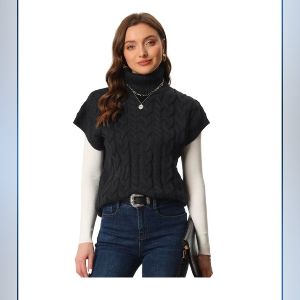 Allegra K Women's Sweater Solid Color Turtleneck Vest Cap Sleeve Pullover Cable